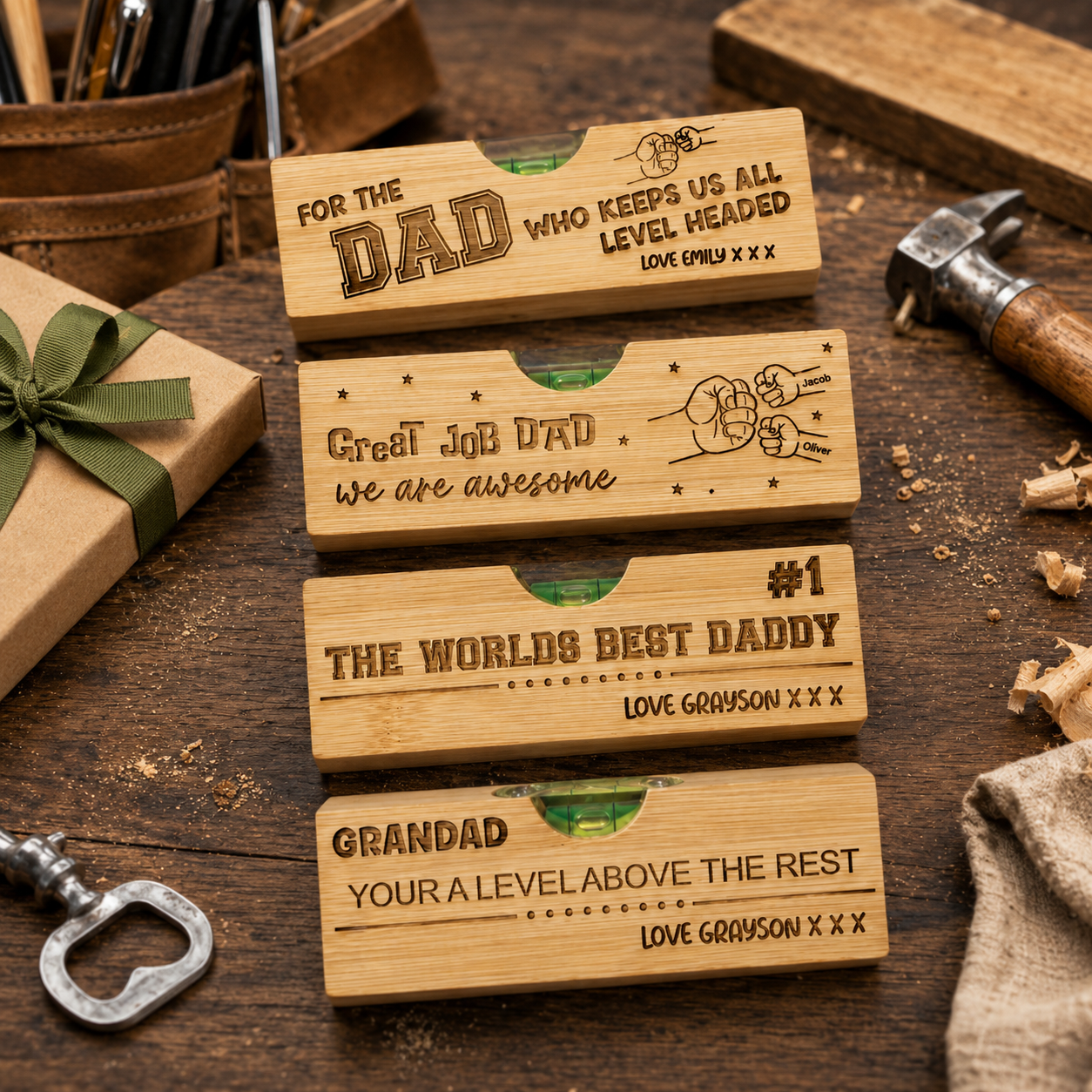 Wooden blocks with engraved messages for a father on a rustic wooden background
