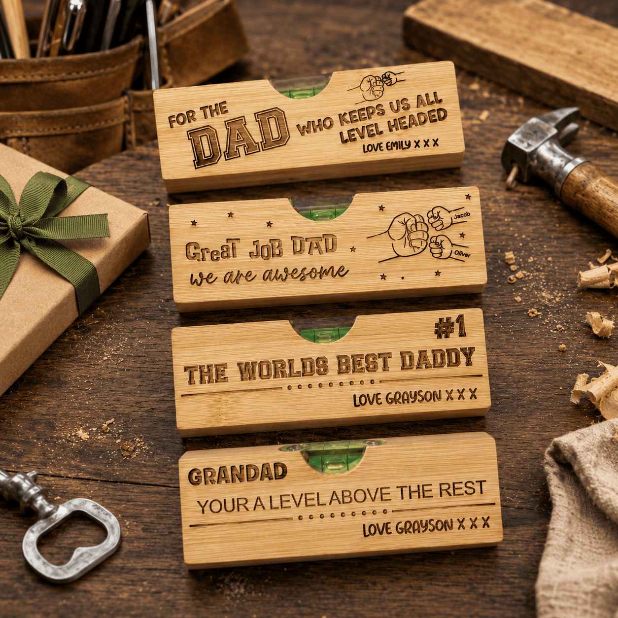 Wooden blocks with engraved messages for a father on a rustic wooden background