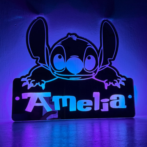 Custom LED mirror sign featuring Stitch character and child’s name