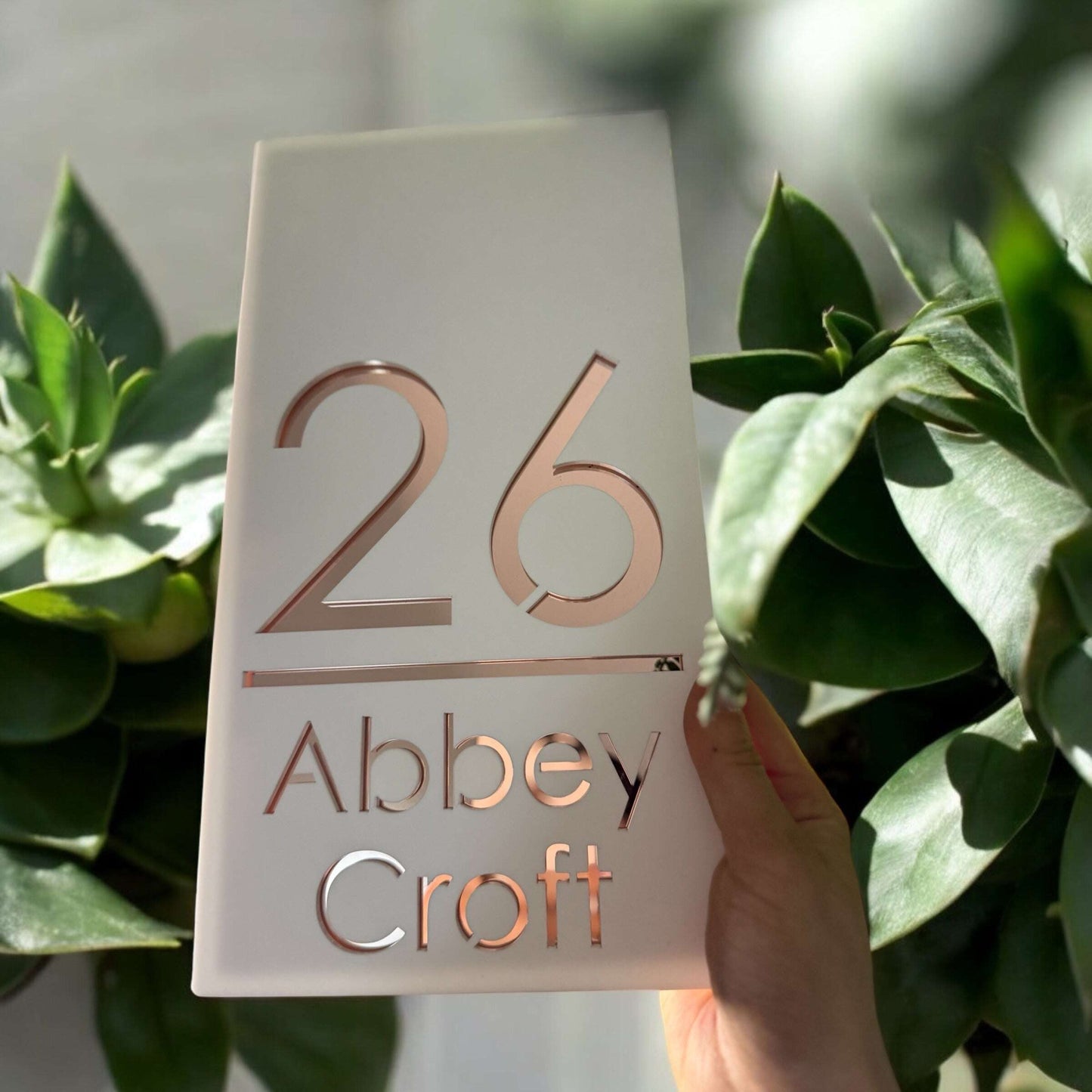 Modern 3D acrylic house sign in white with stylish mirror base accents for home entrances