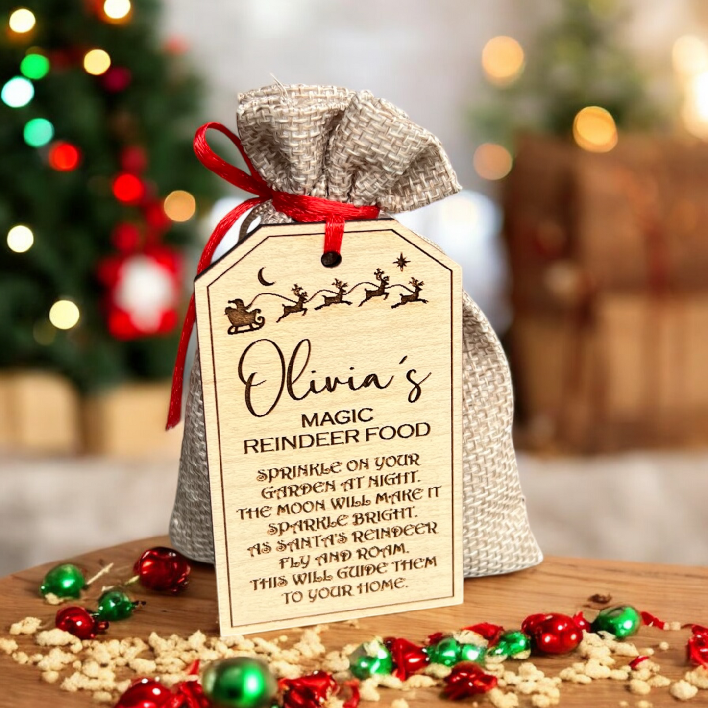 Festive reindeer food with engraved wooden tag beside gold key