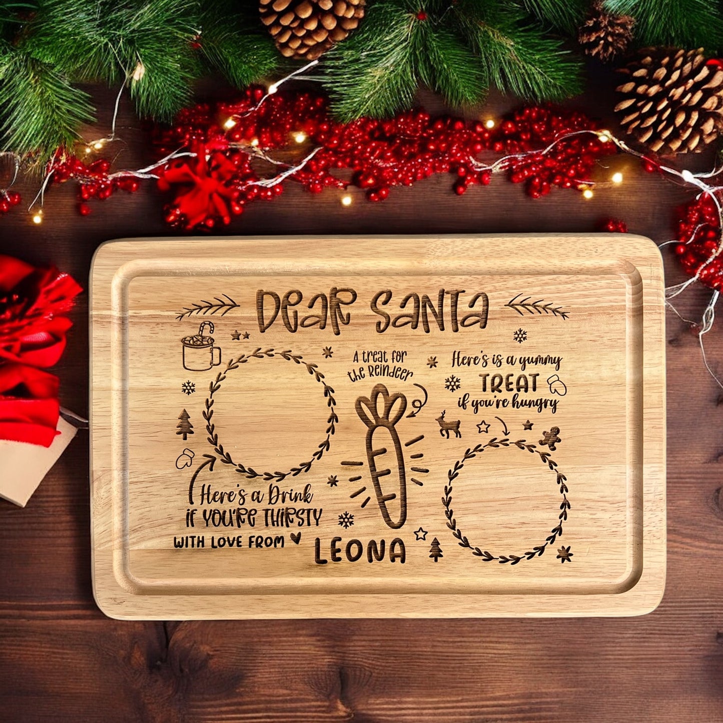 Personalised wooden Santa and reindeer treat tray with cookies and milk