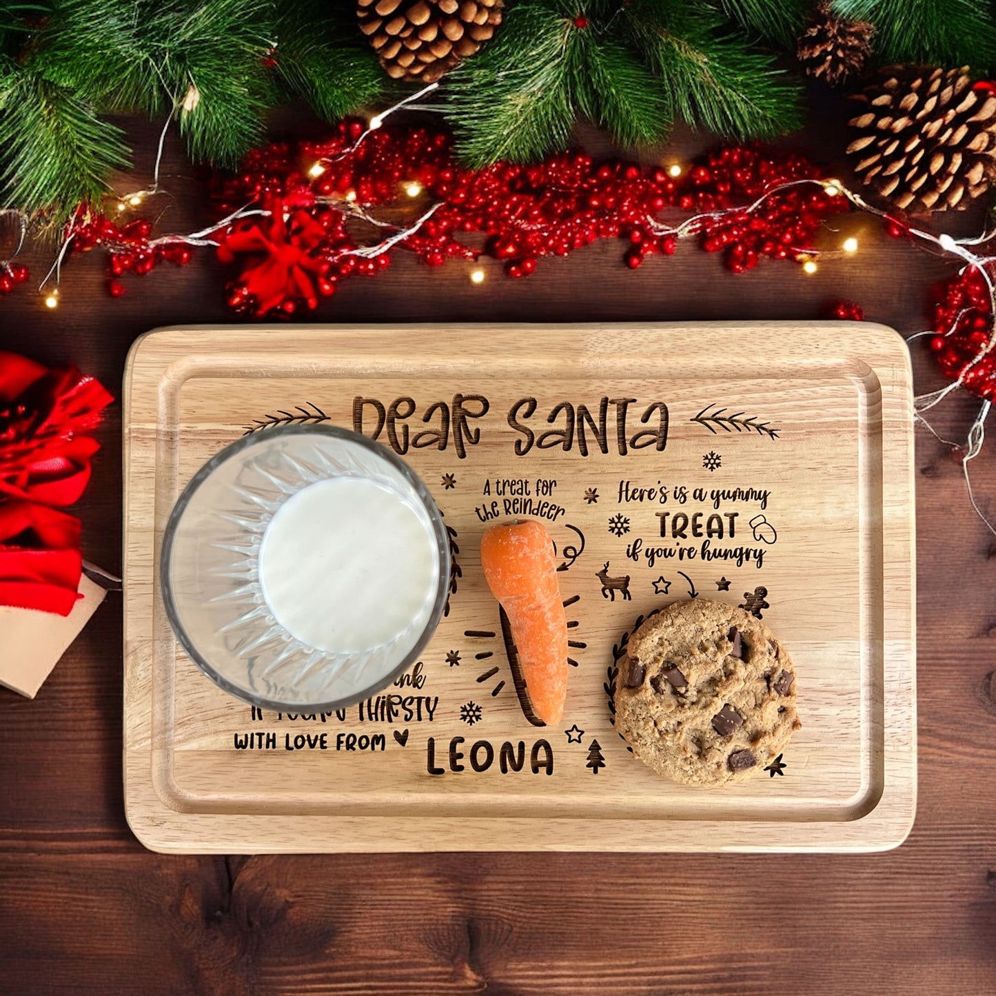 Christmas Eve cookie and milk board with engraved child’s name