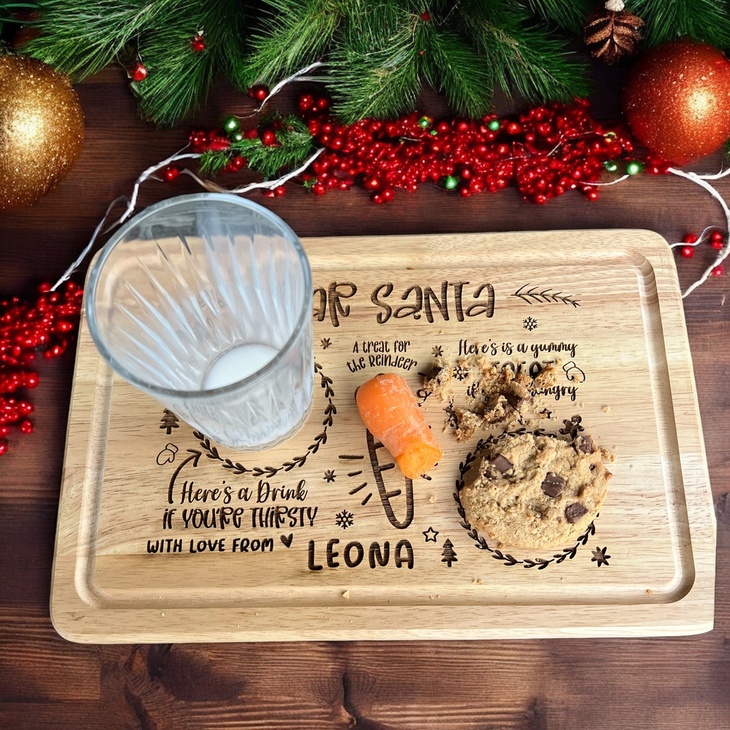 Rustic wooden tray for Santa’s treats and carrots for reindeer