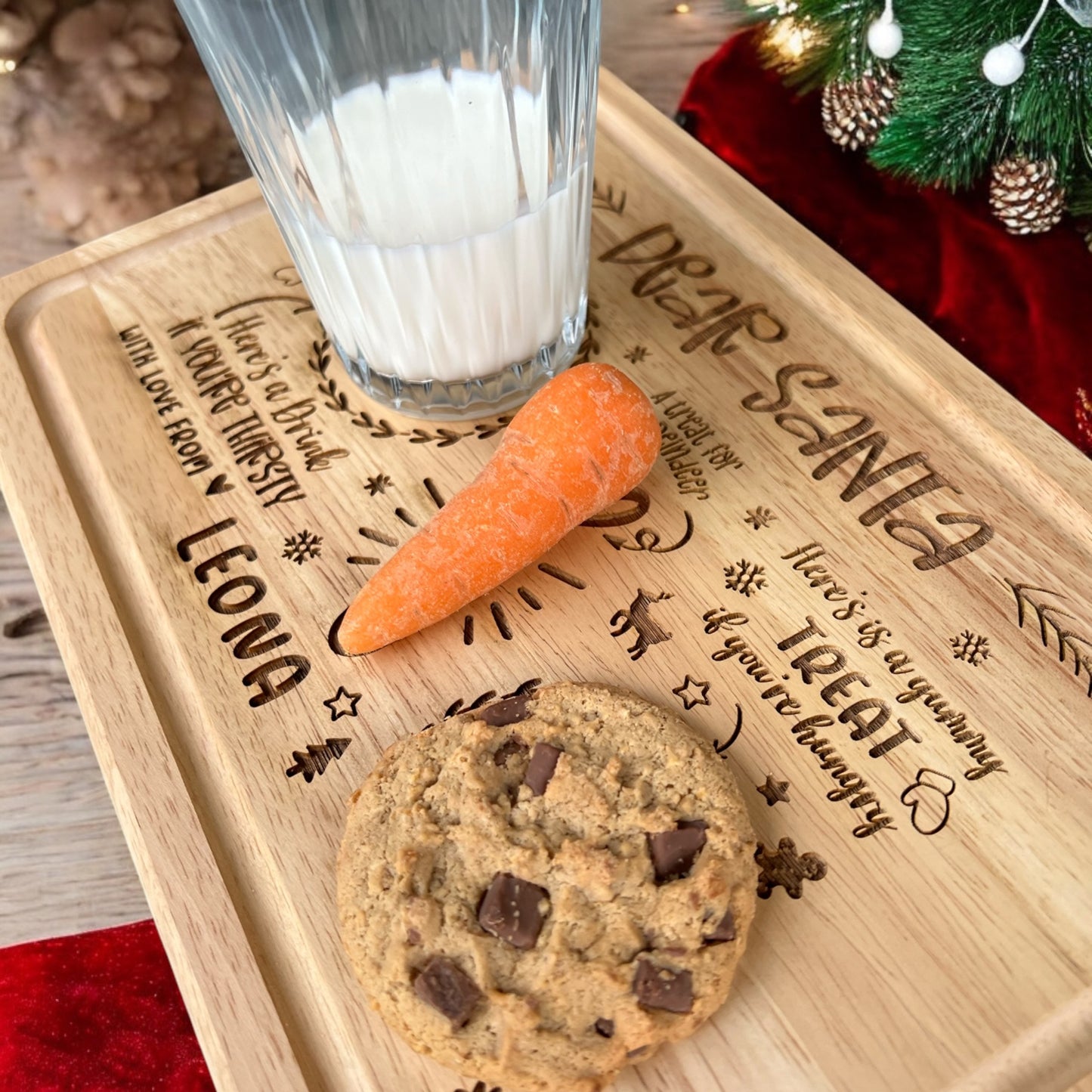 Engraved wooden Santa tray for milk, cookies, and reindeer food