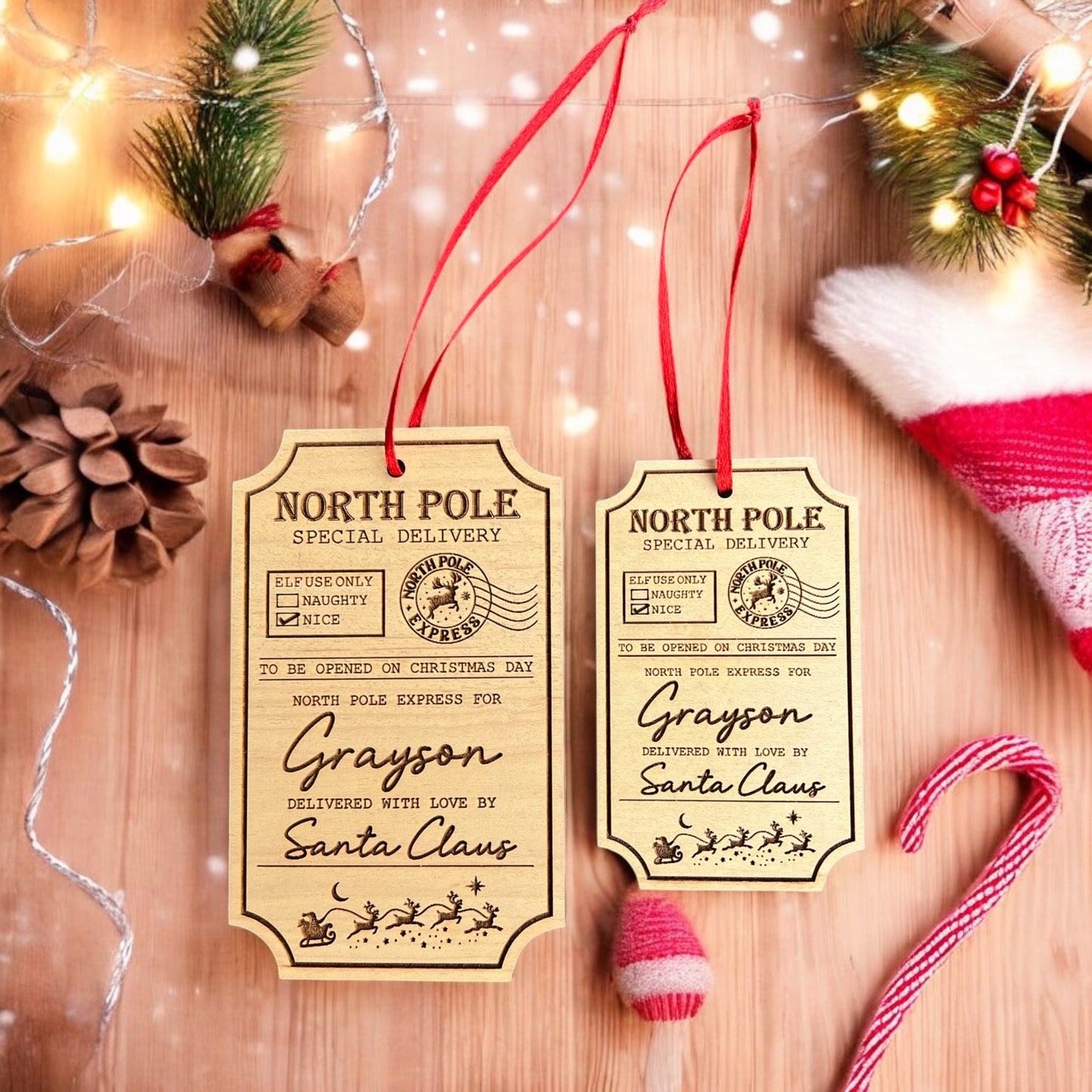 Engraved maple wood Christmas gift tag with custom name