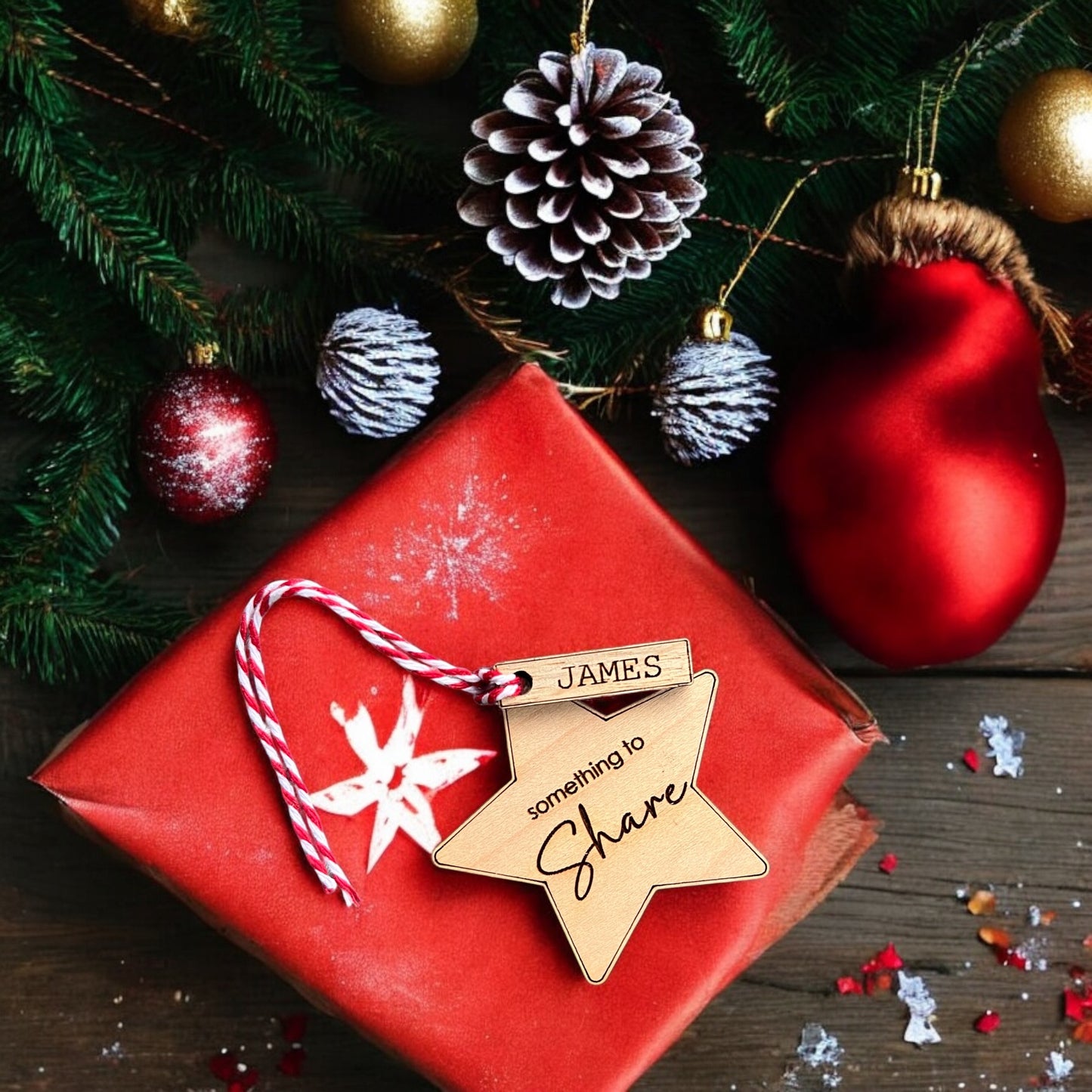 Engraved maple and oak Christmas gift tag with custom names