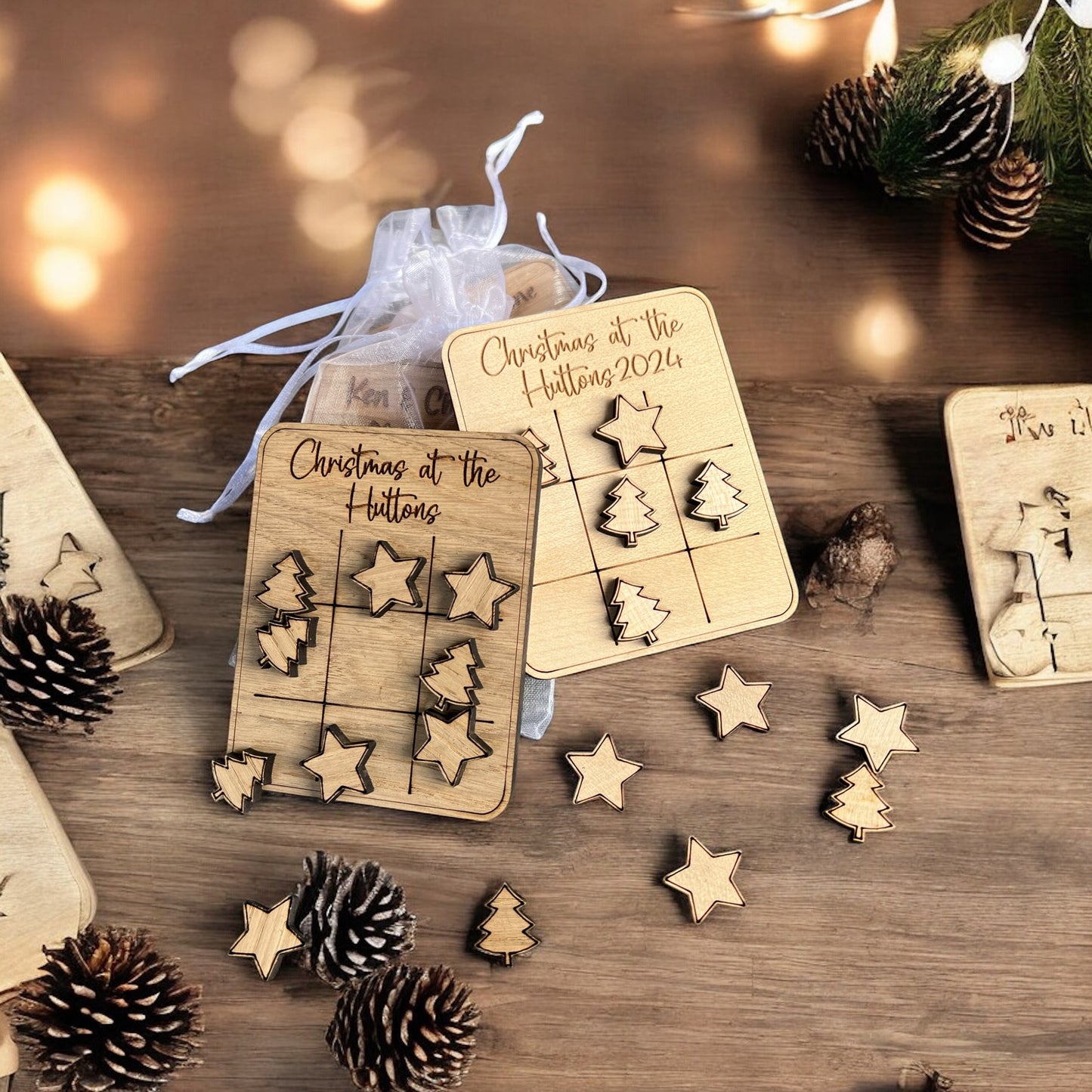Personalised wooden Noughts and Crosses Christmas table game