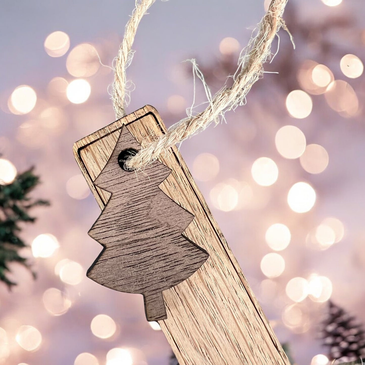Oak and walnut festive gift tag with custom recipient names
