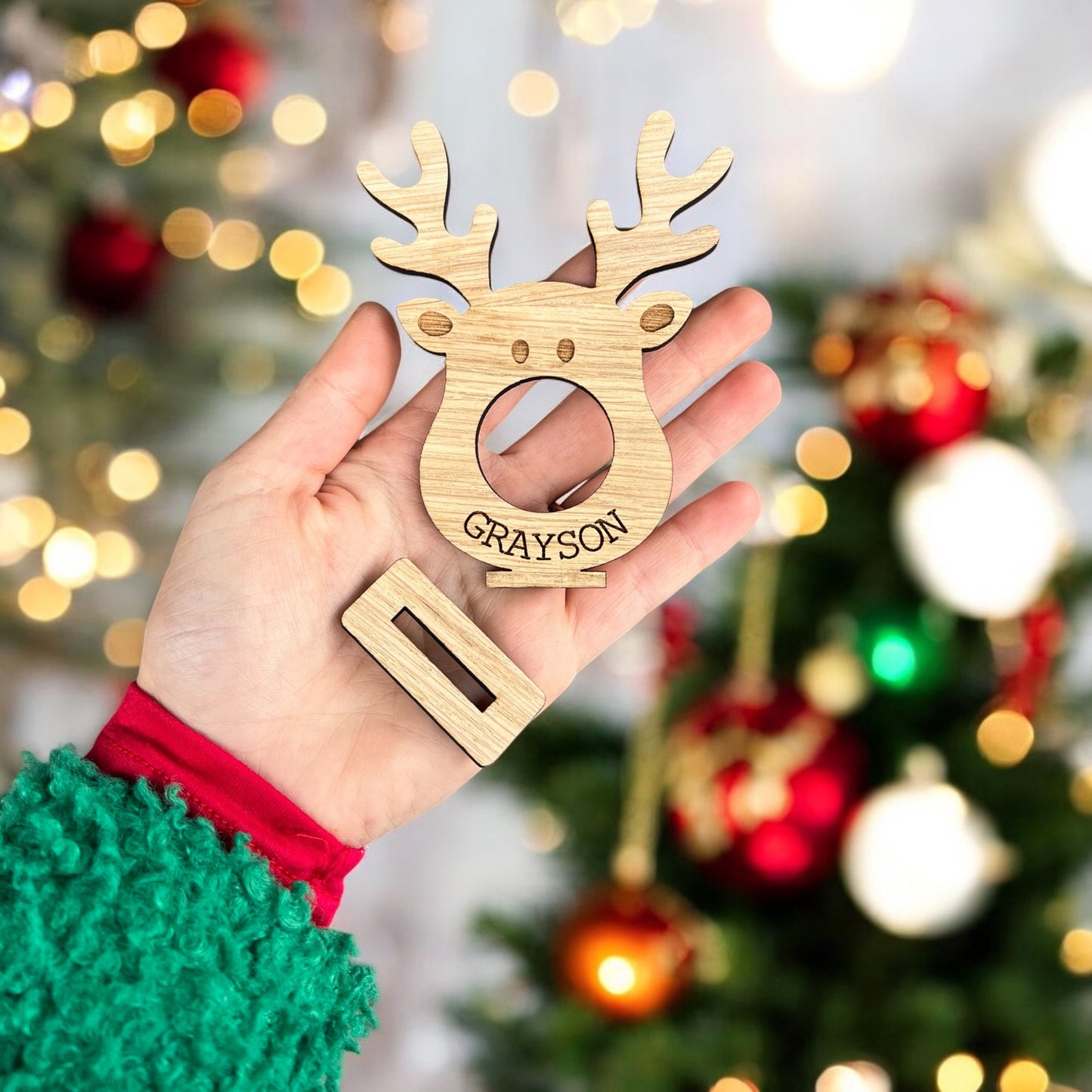Free-standing personalised Christmas reindeer with chocolate slot