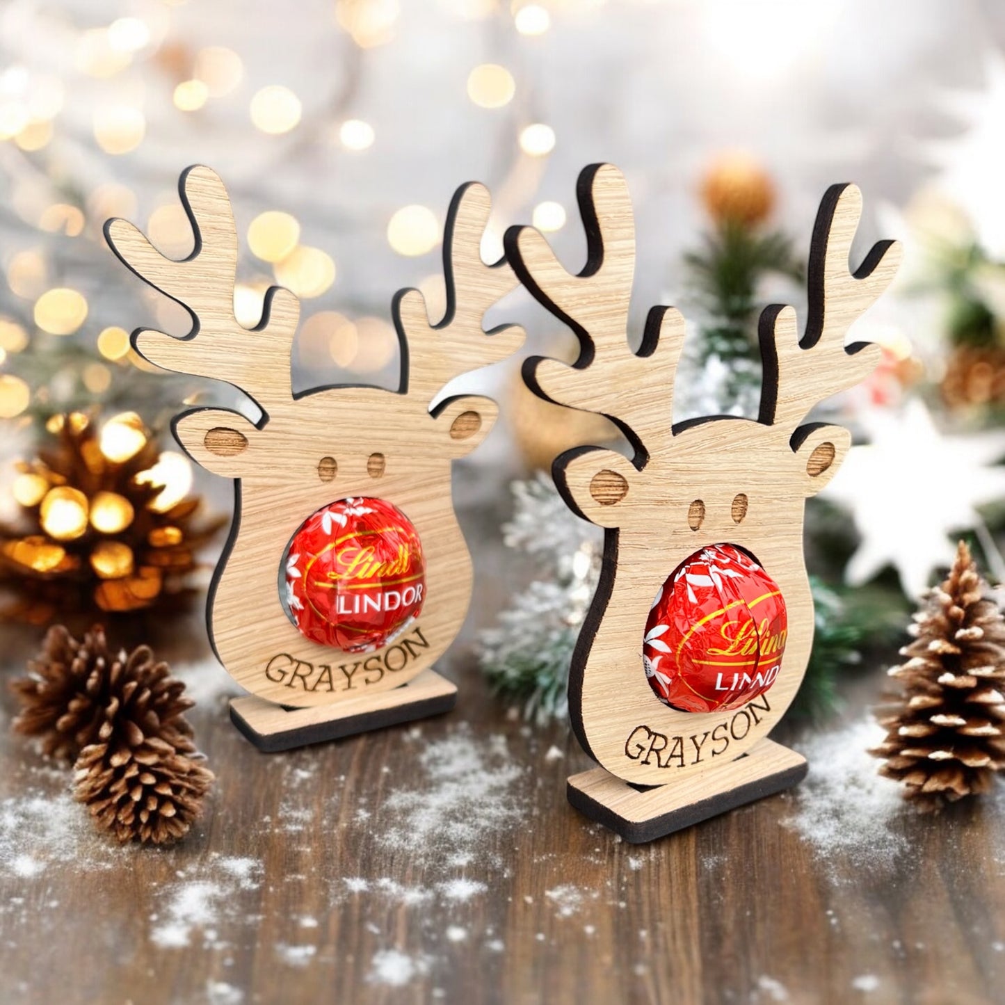 Oak reindeer name holder for Christmas dinner table