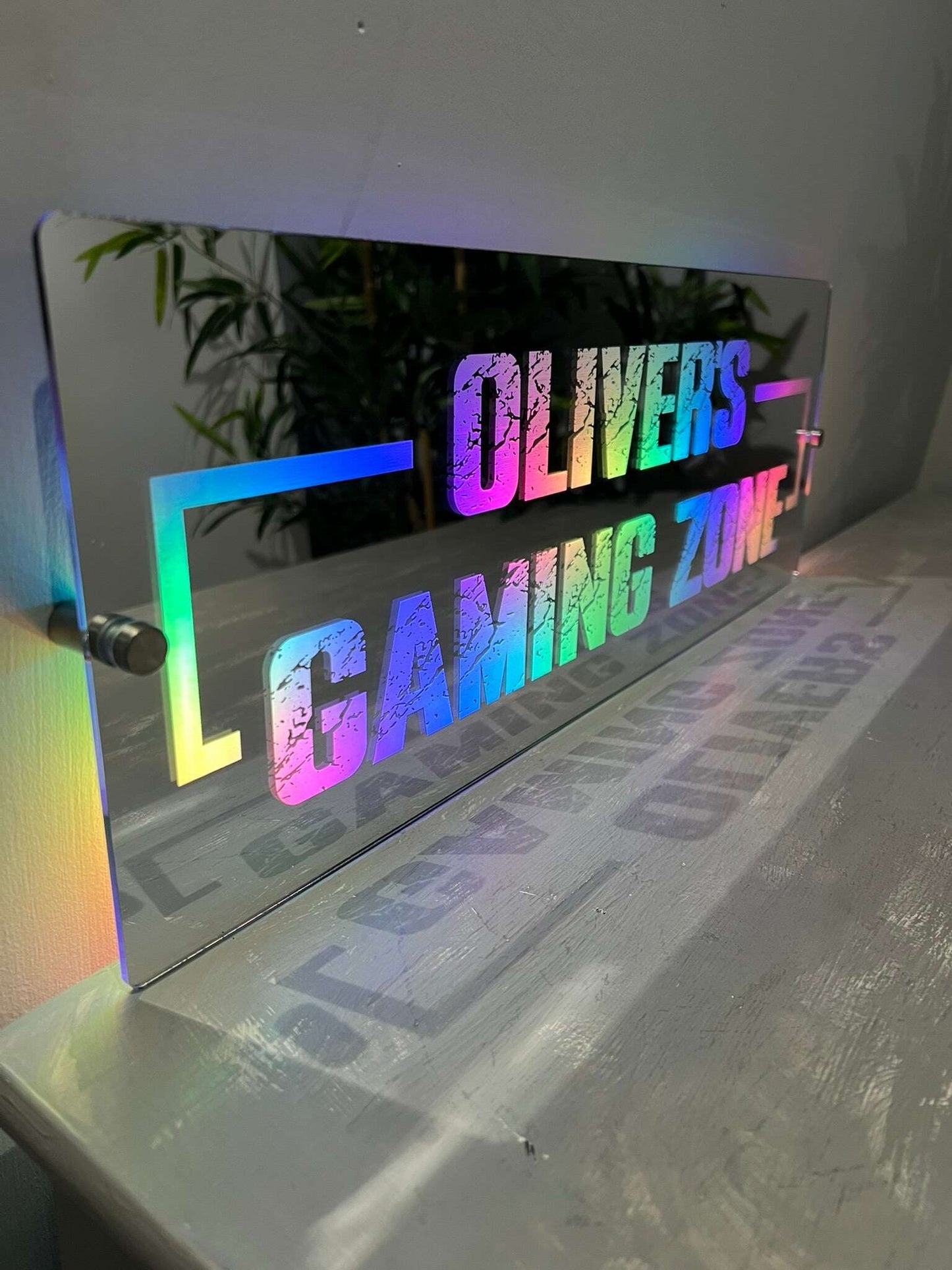 Personalised LED mirror sign for gaming space décor