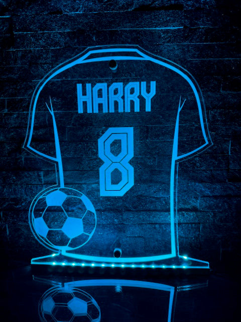 Close-up of the detailed engraving on the LED football shirt sign.