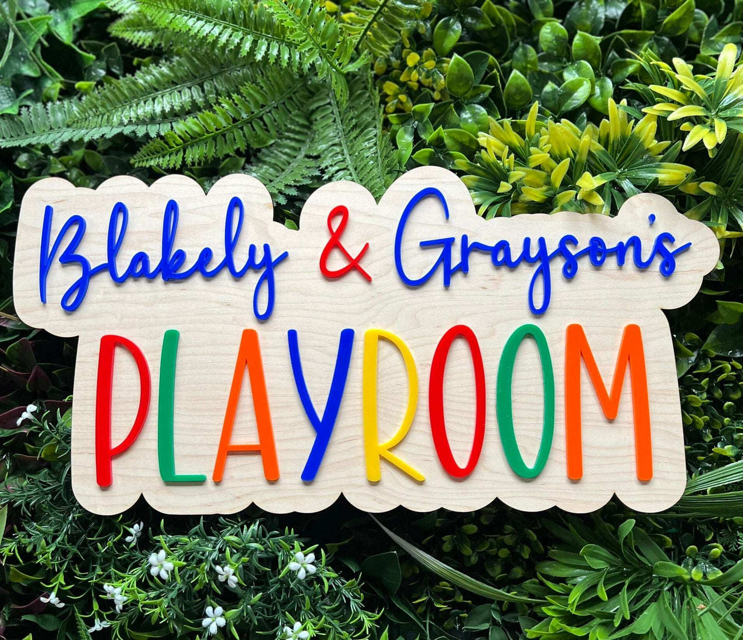 Colourful wooden name sign for kids’ rooms and play areas