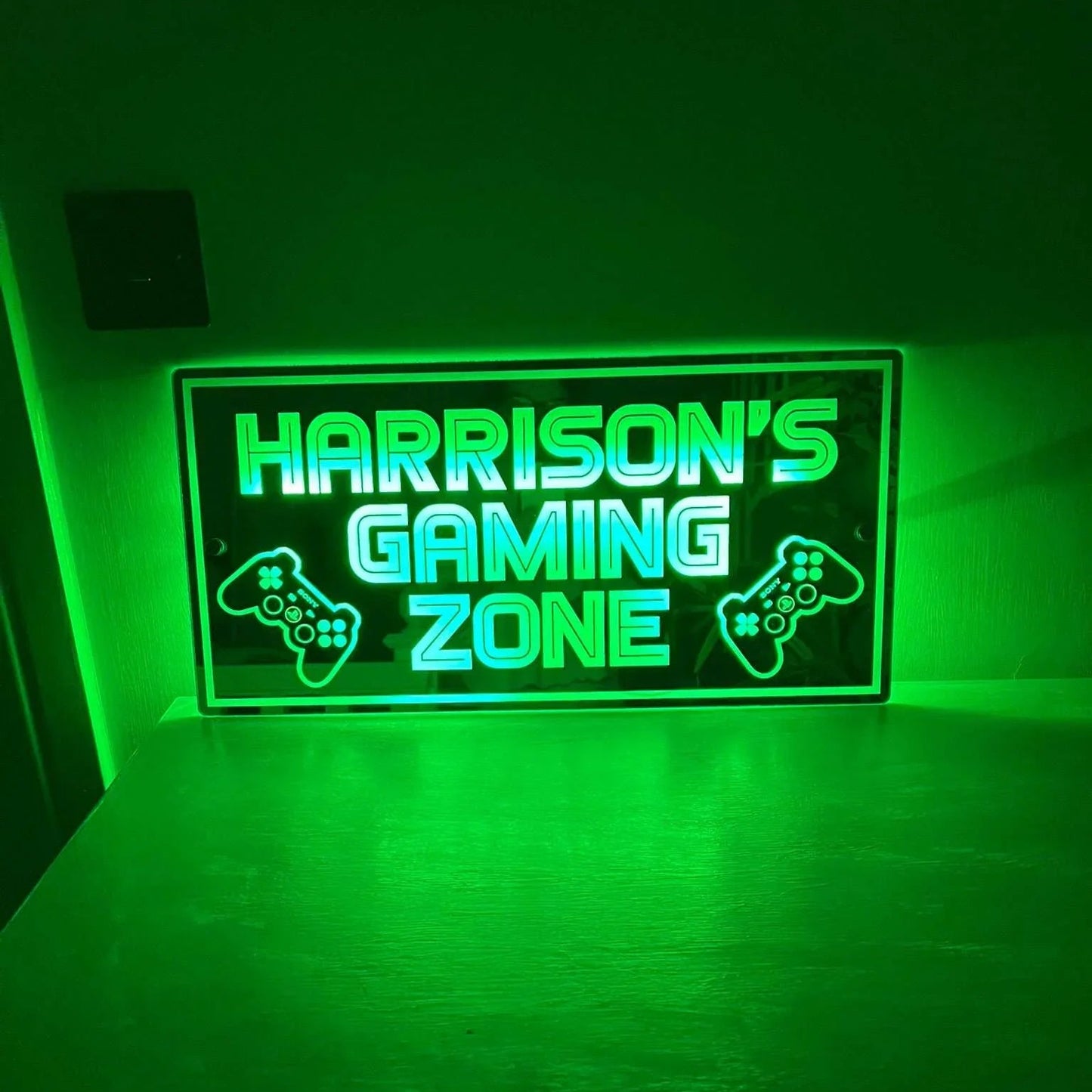 Custom mirror sign for gamers with LED lighting and controller icon