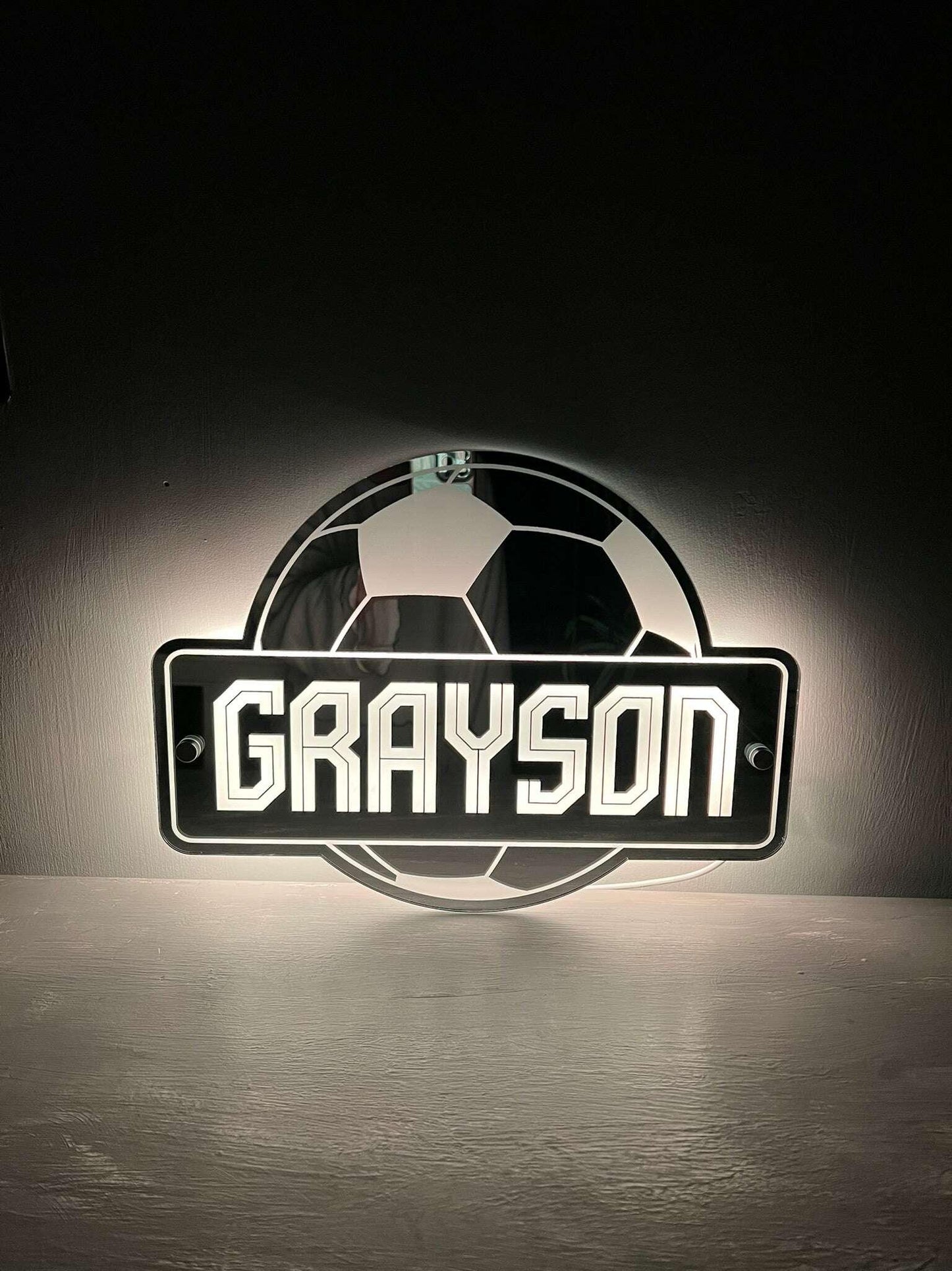 Custom LED football sign with mirror finish and name personalisation