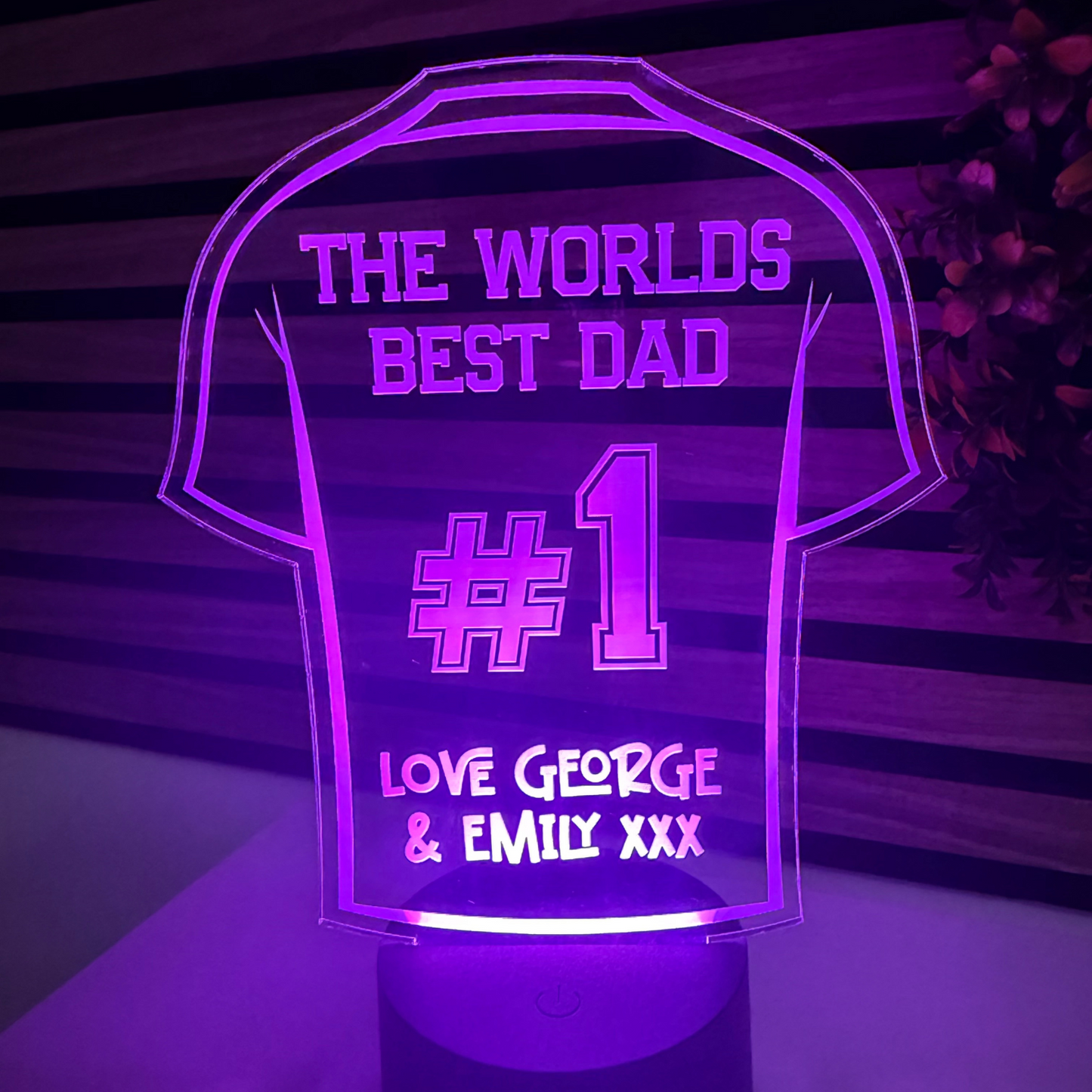 Personalised LED night light featuring “World’s Best Dad” football shirt