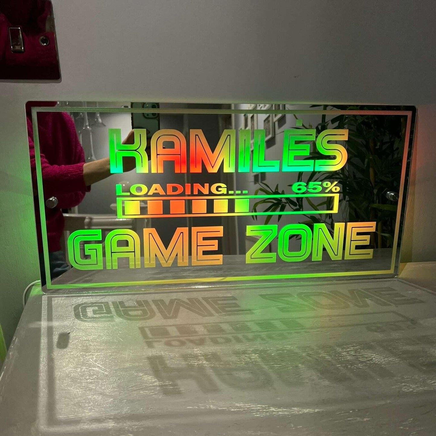 Custom acrylic Game Zone sign with LED lighting and name