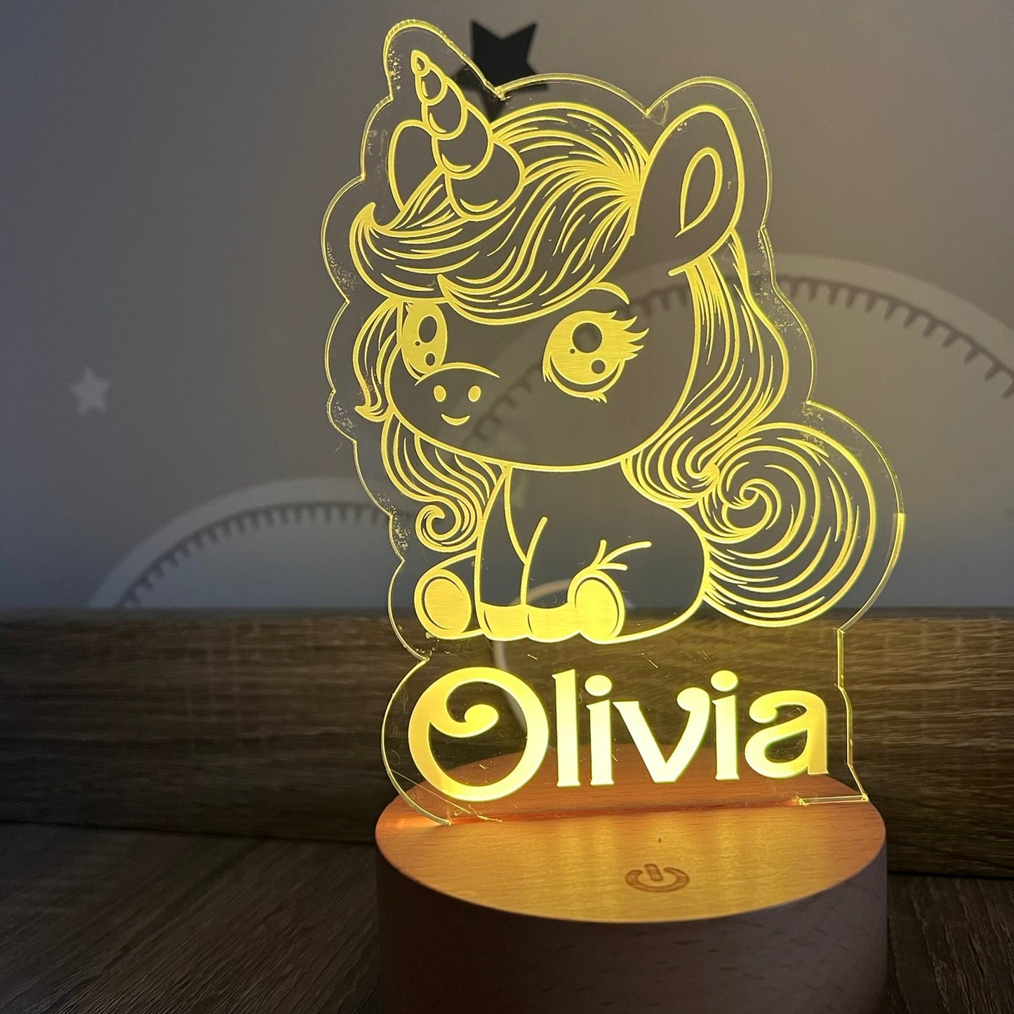 LED night lamp with remote control and wooden base for kids
