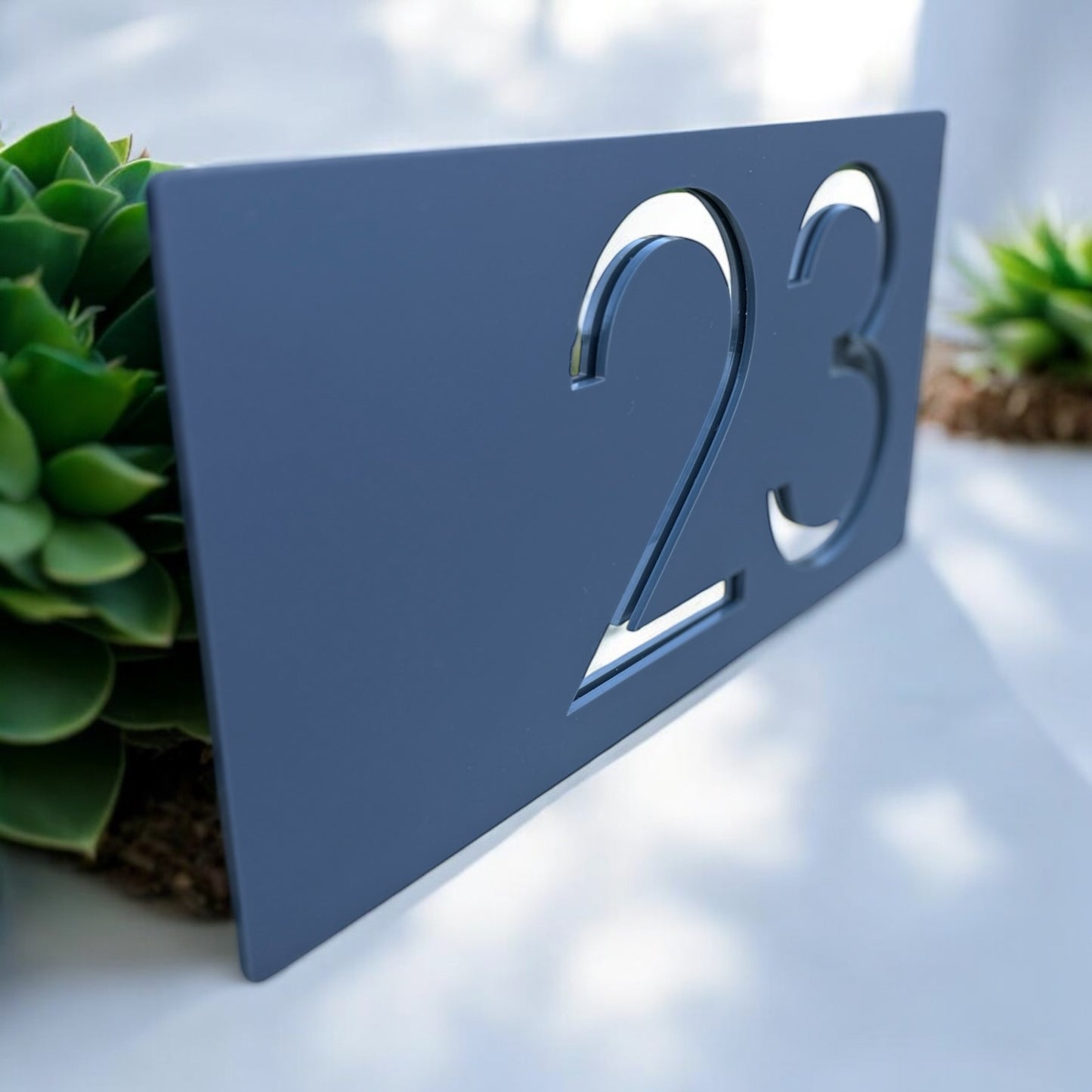 Modern floating house number sign with mirror and grey acrylic