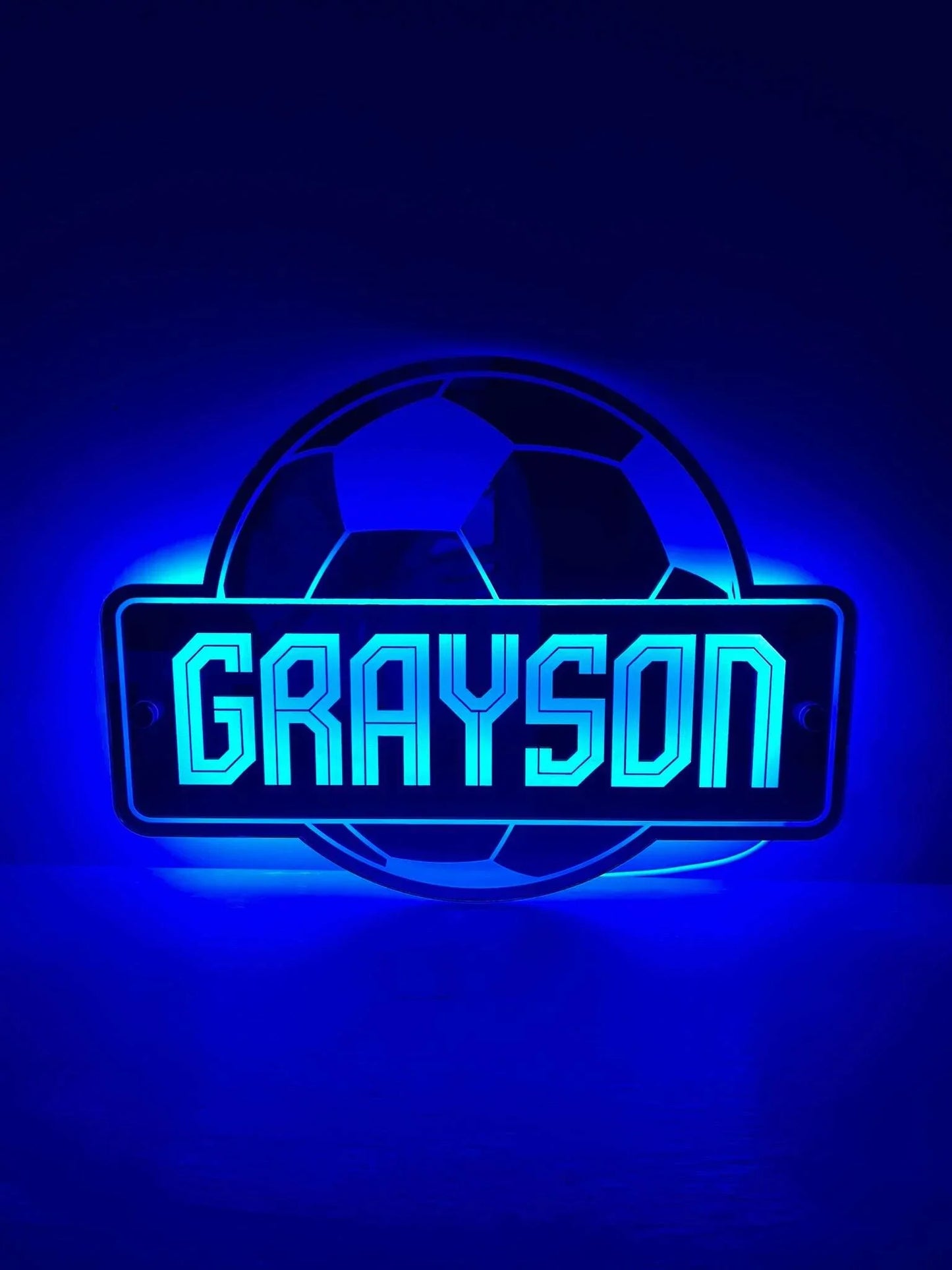 Kids football bedroom LED mirror sign customisable with name