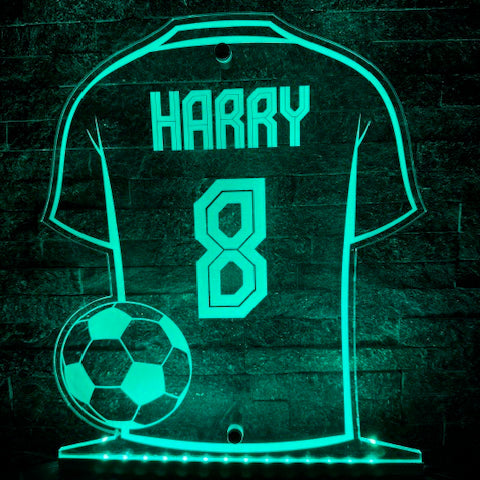 Personalised football LED sign adding colour to a man cave setup.
