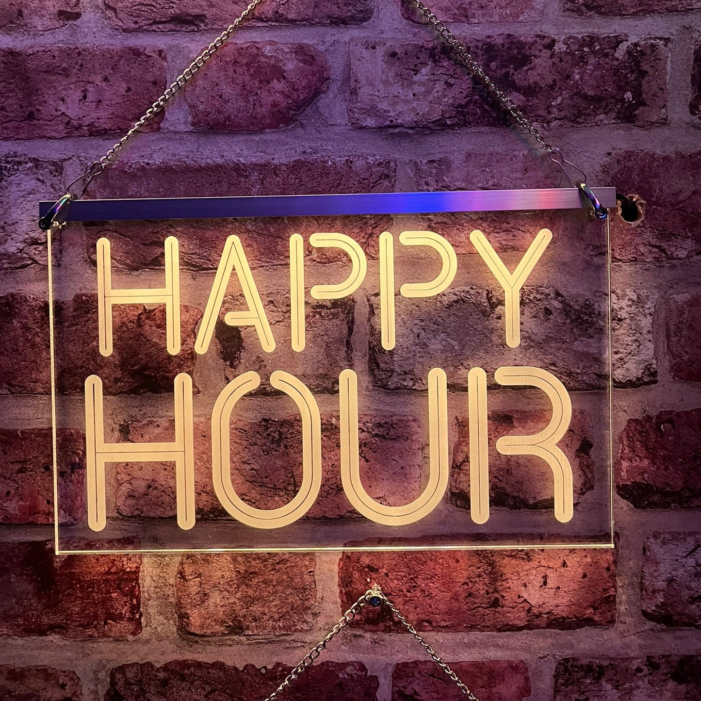 Side-by-side comparison of 30x20cm and 50x30cm Happy Hour LED signs.