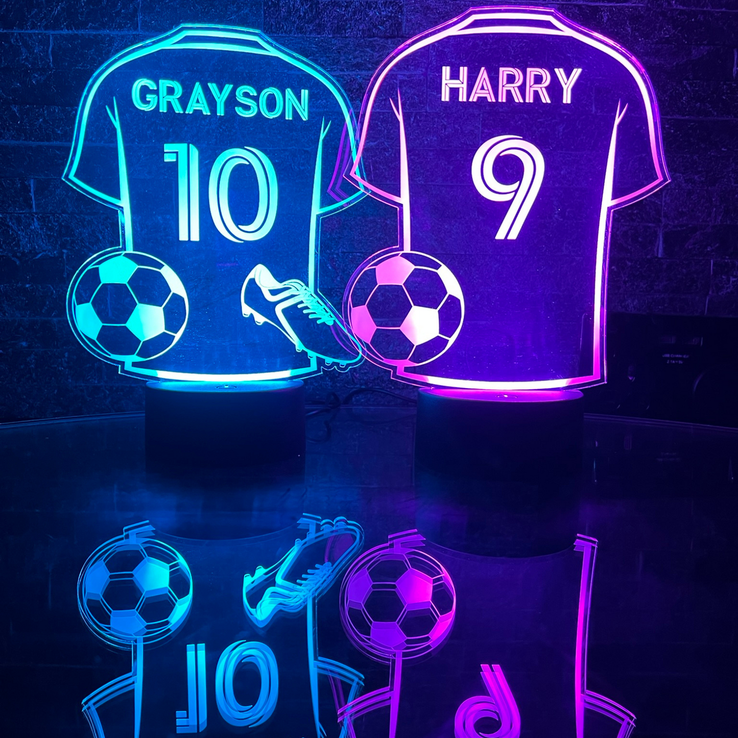 Kids personalised football shirt night light with LED colours