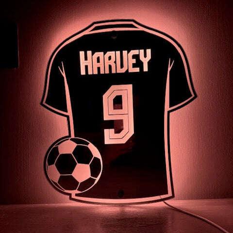 Side angle of personalised football shirt LED mirror.