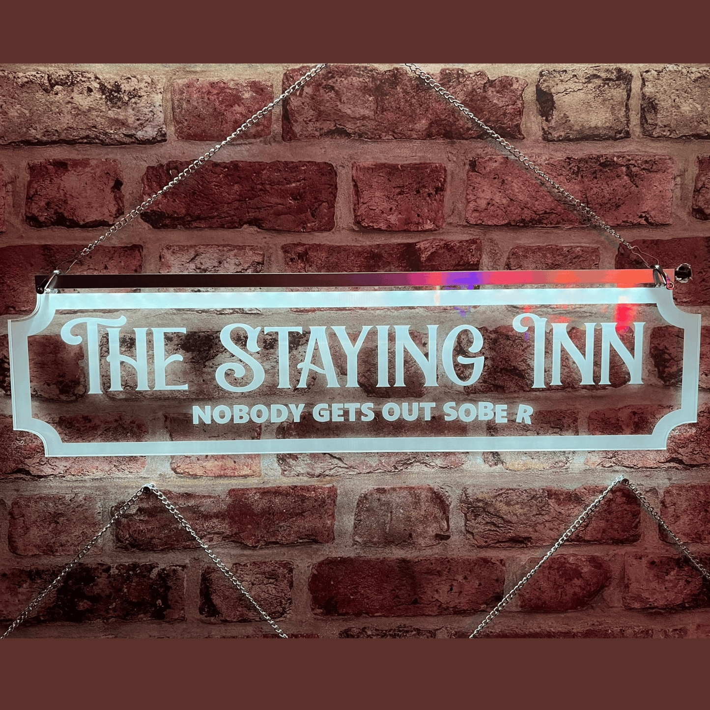 Custom LED sign for home bar mounted on wall using stand-offs
