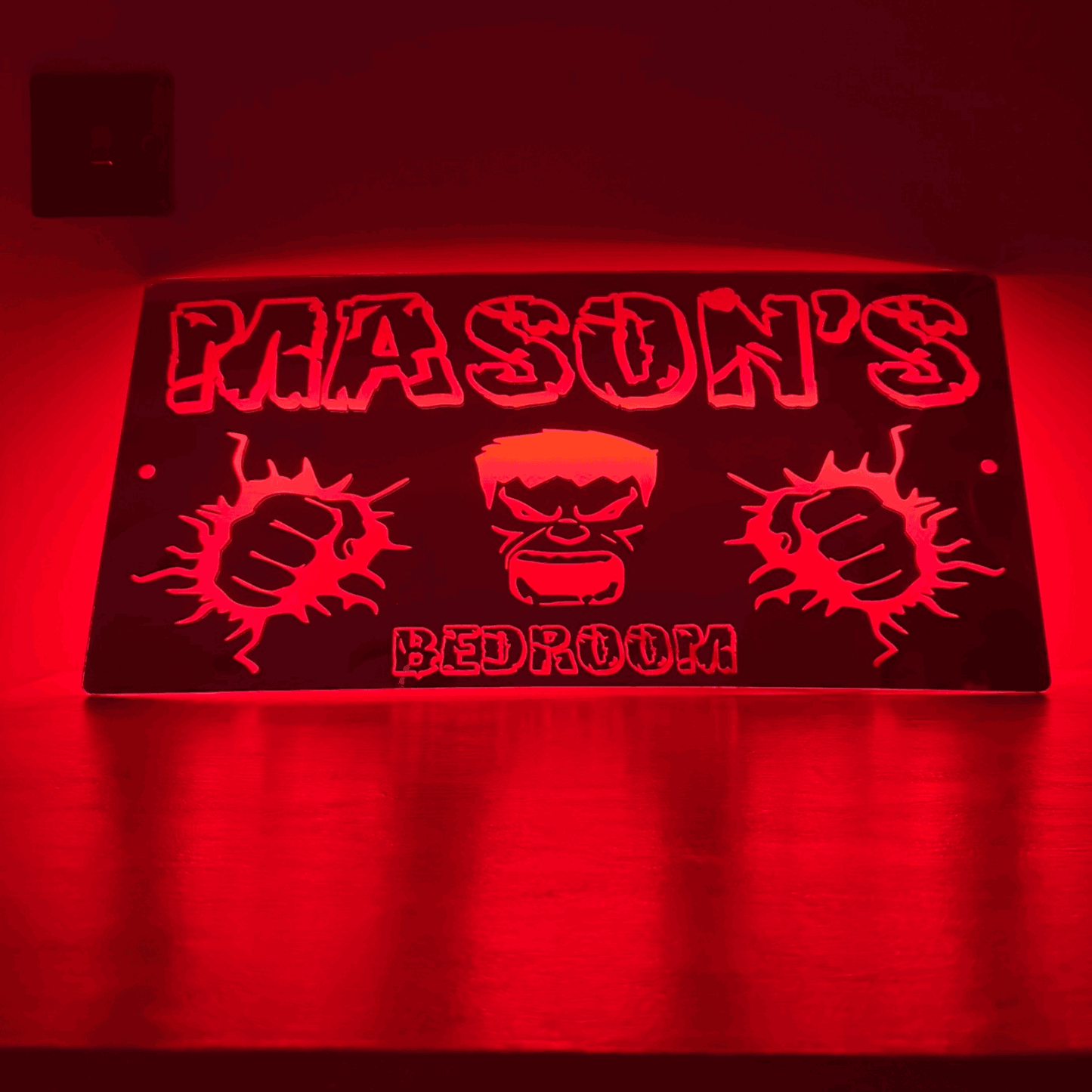Personalised Hulk themed LED mirror sign for children’s décor