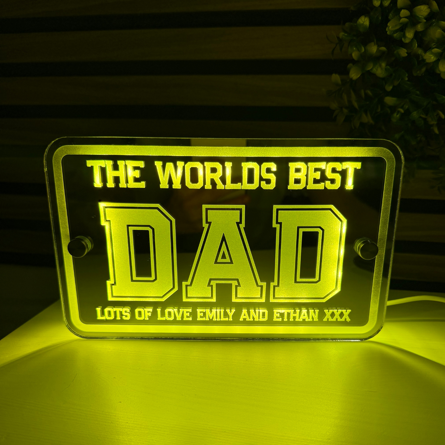 LED mirror acrylic sign for dad with glowing personalised message