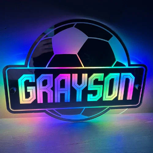 Personalised LED football mirror sign perfect for kids' rooms