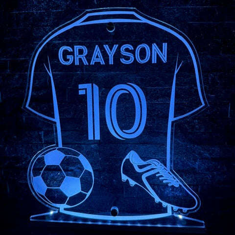 Front view of personalised LED football shirt sign with custom name and number