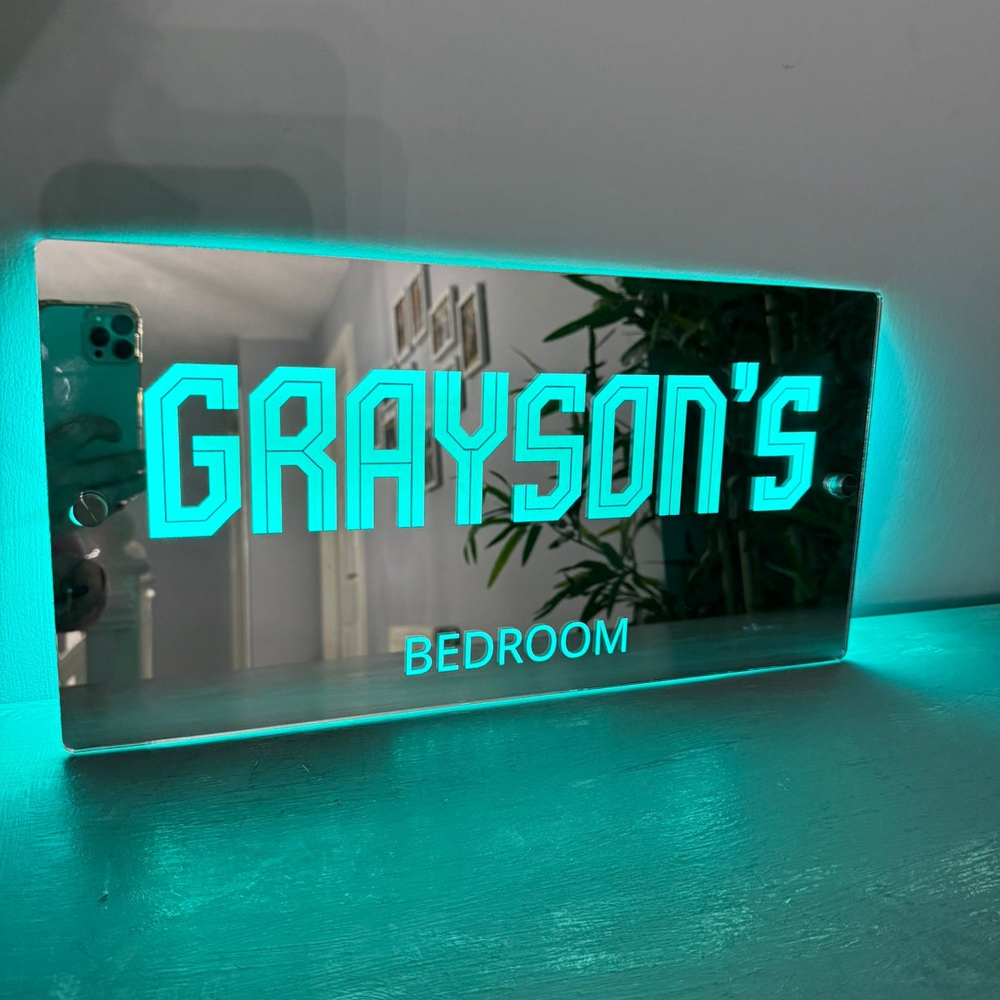 Two size options of the LED mirror bedroom sign: 40x20cm and 51x25cm displayed side by side
