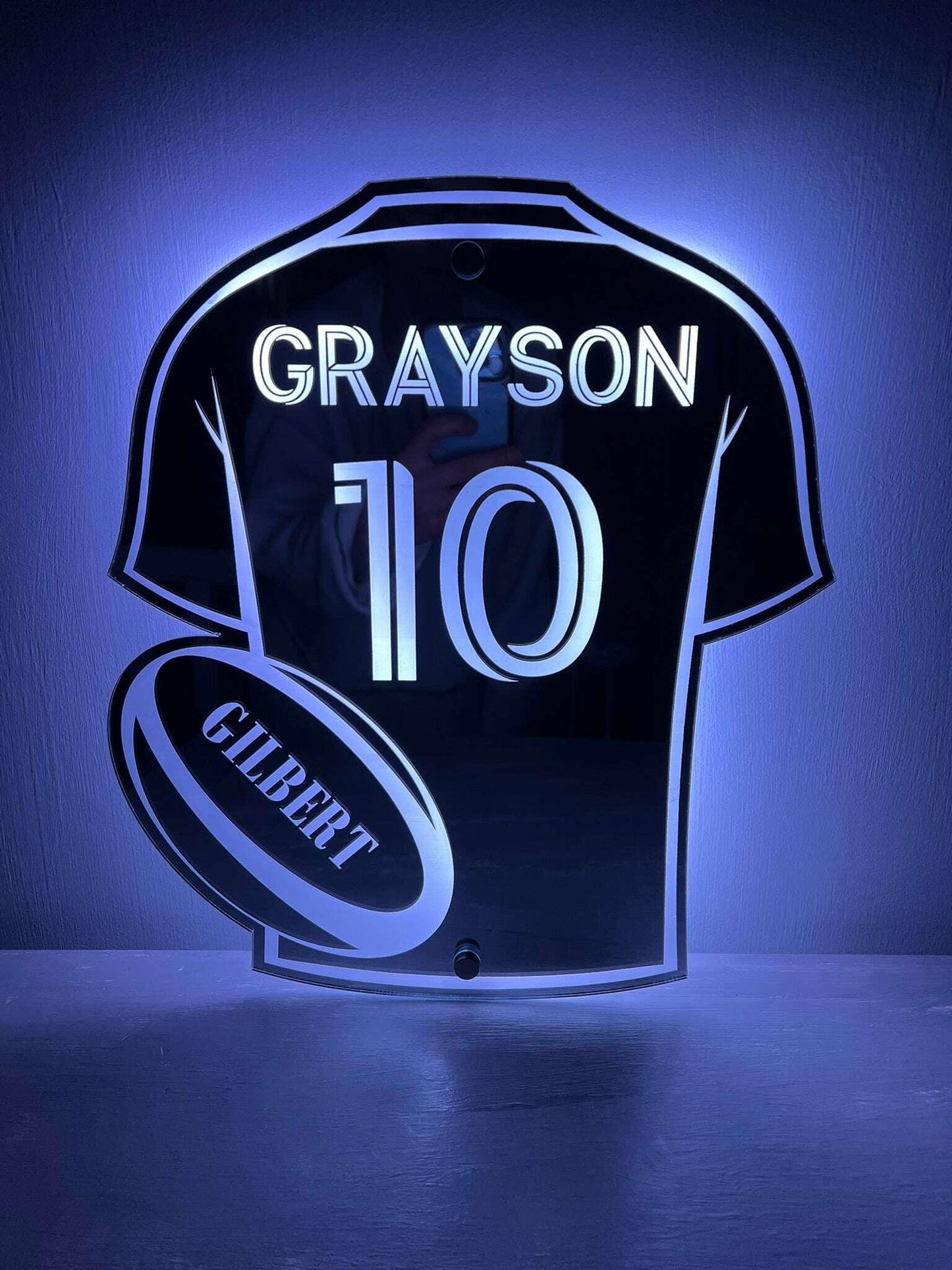 LED mirror rugby shirt personalised for special occasions and gifts