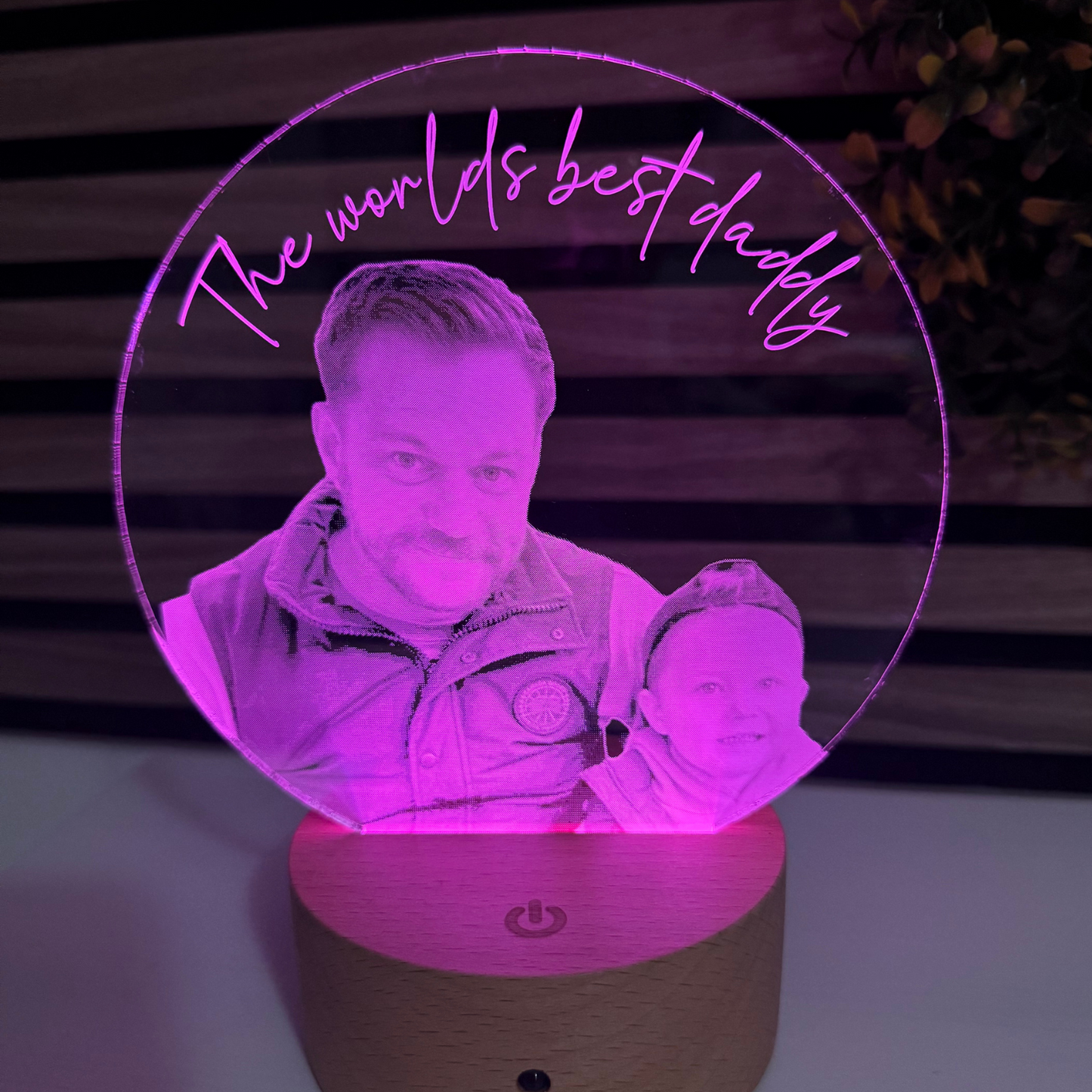 Unique personalised 3D night light featuring custom photo and text
