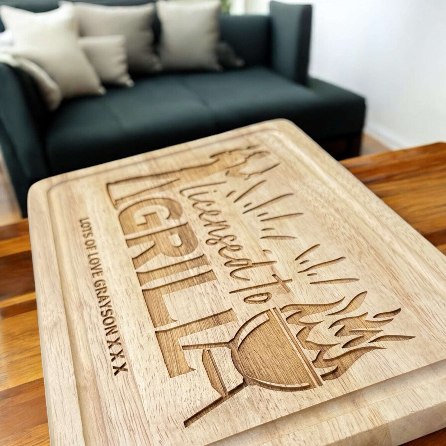 Personalised wooden BBQ tray with “Licensed To Grill” engraving