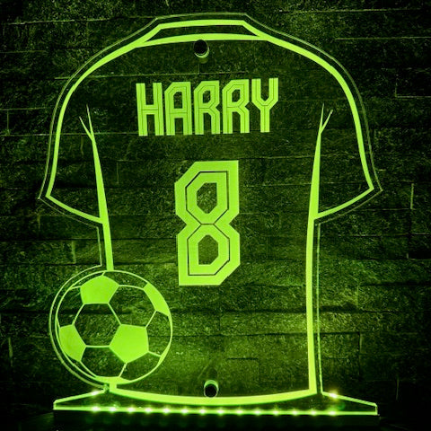 Remote-controlled LED football sign with adjustable colour settings.