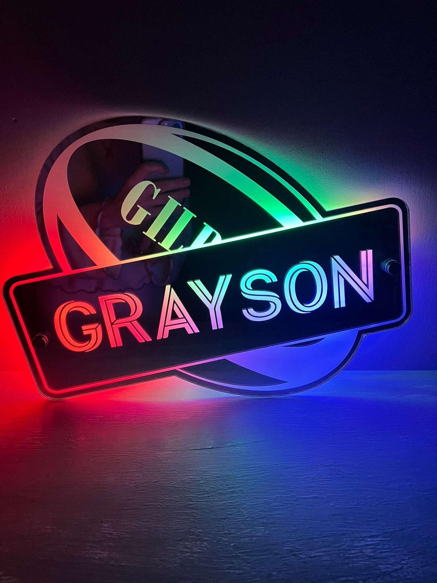 Mirror-effect LED rugby ball sign for gifting