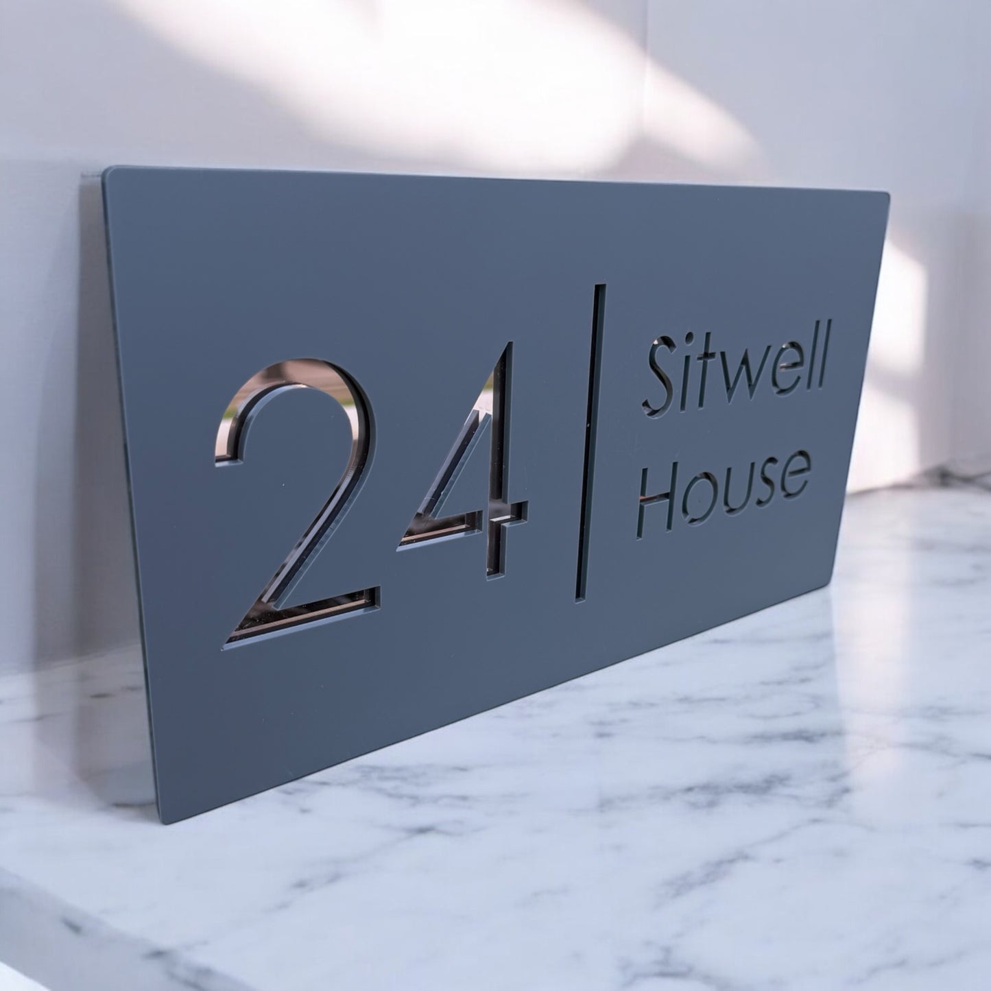 Stylish house number and street name plaque with layered acrylic design