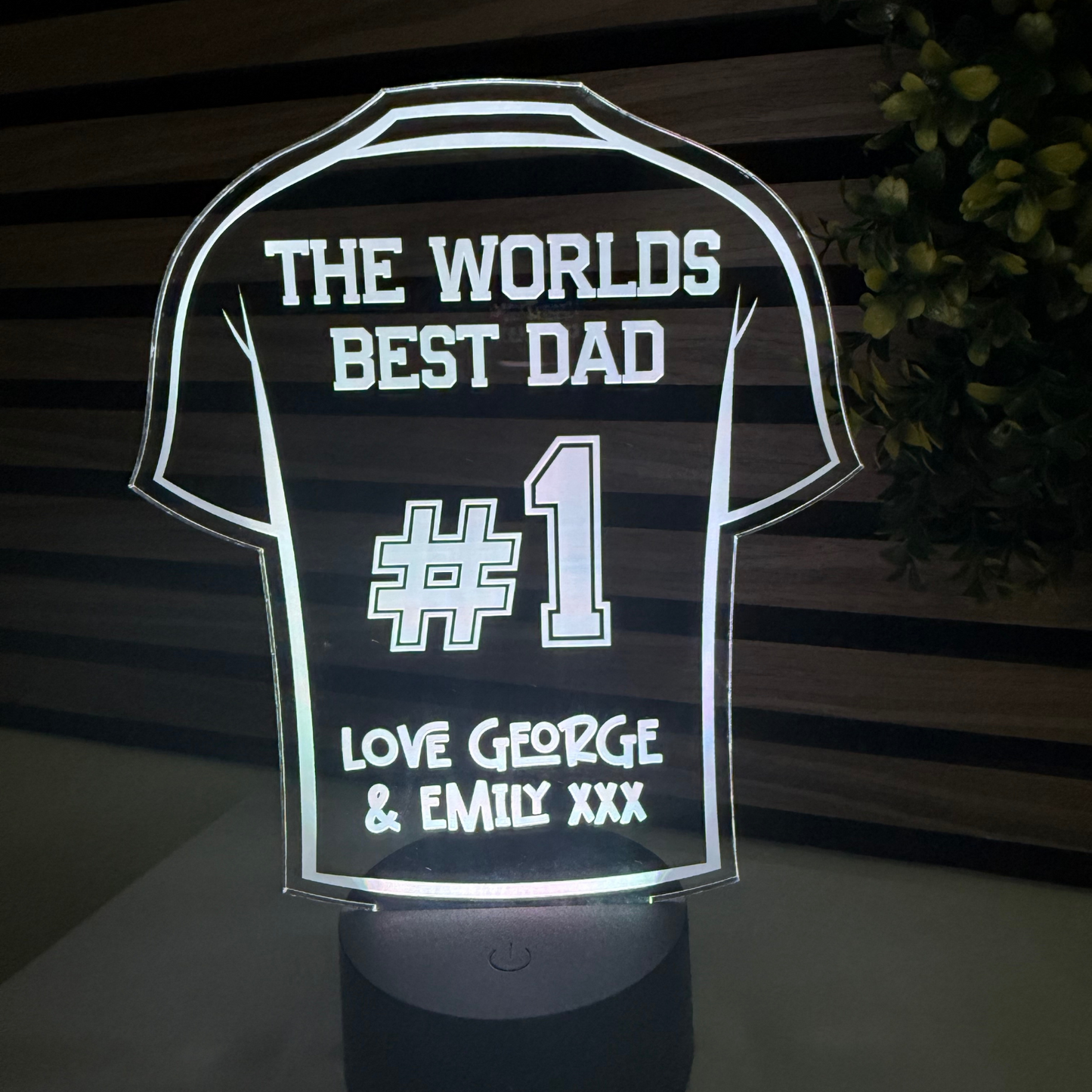 “World’s Best Dad” football shirt night light personalised with children’s names