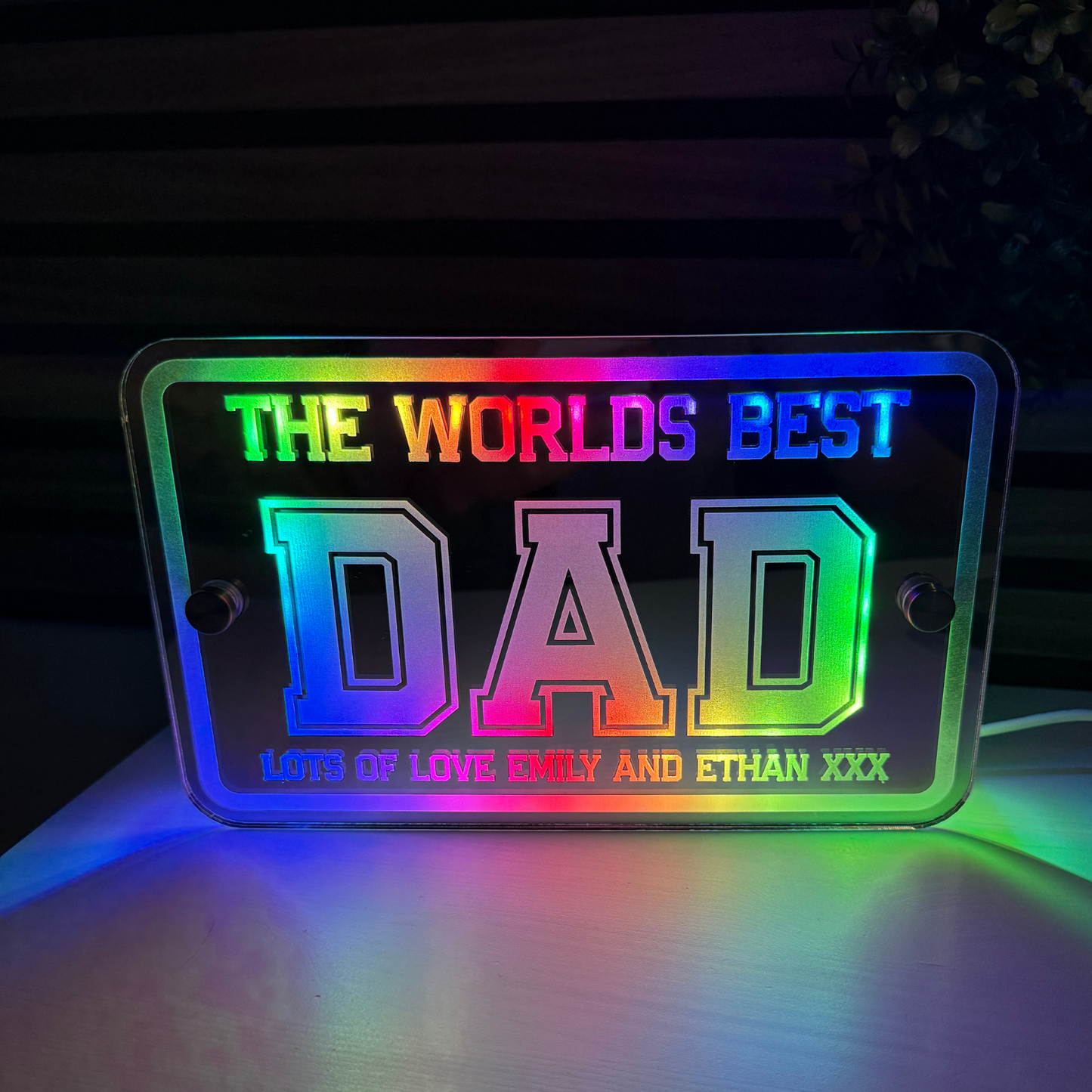 World’s Best Dad LED mirror sign with personalised message illuminated
