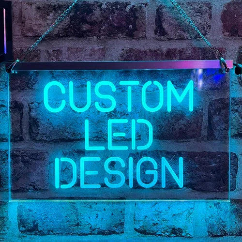 Custom personalised LED sign glowing brightly on a modern wall