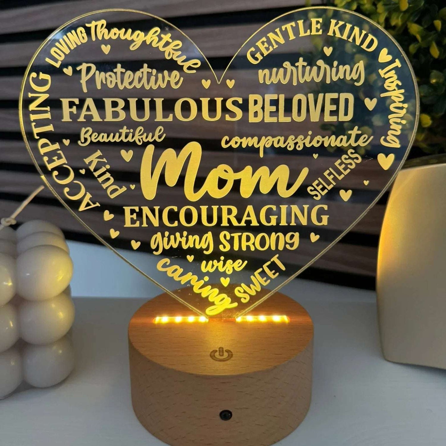 Personalised Mother’s Day night light glowing warmly with a loving message for Mom
