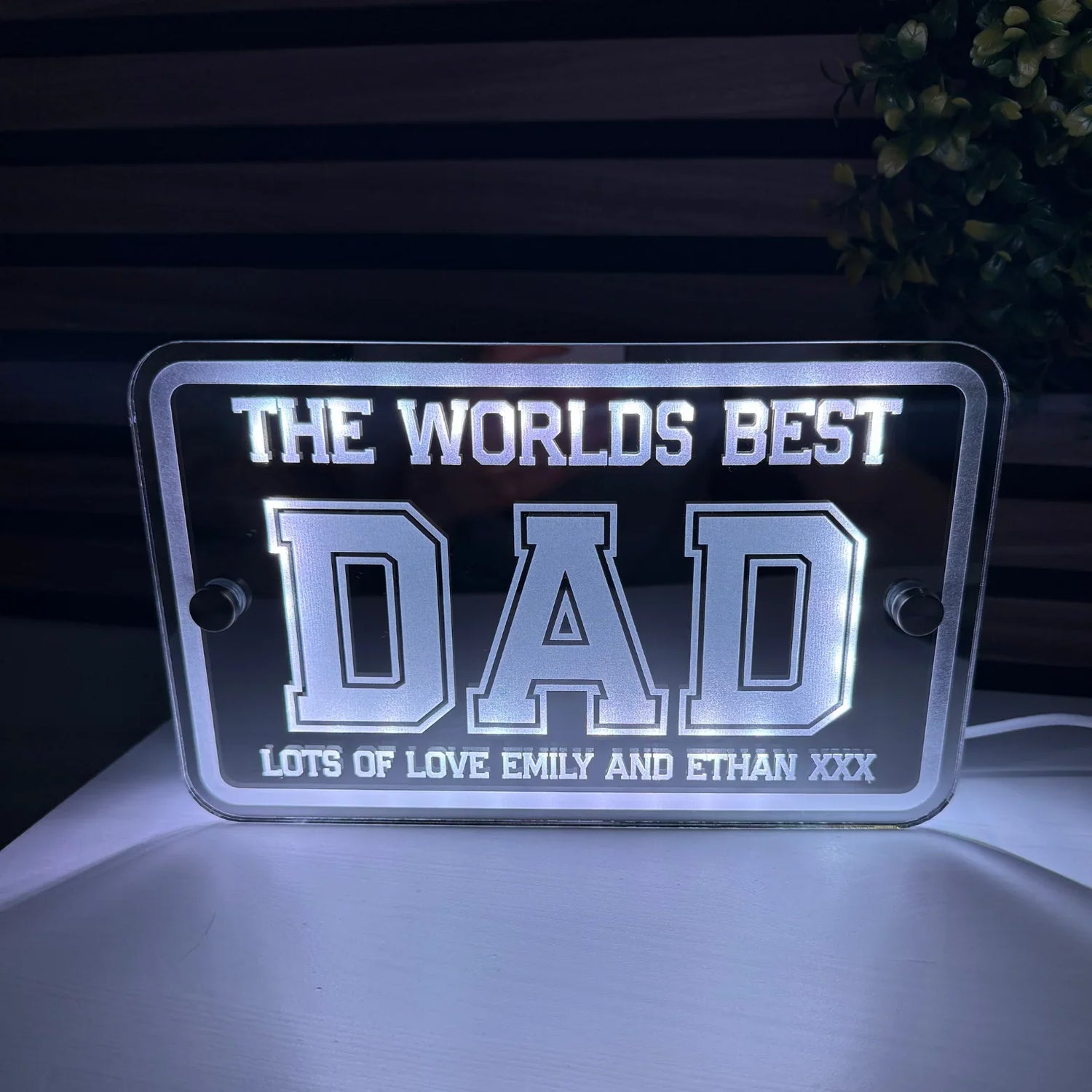 Personalised Father’s Day night light glowing with a heartfelt message for Dad