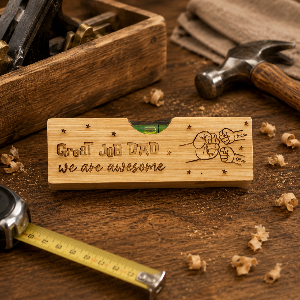 Personalised DIY lover gift with bamboo spirit level and bottle opener