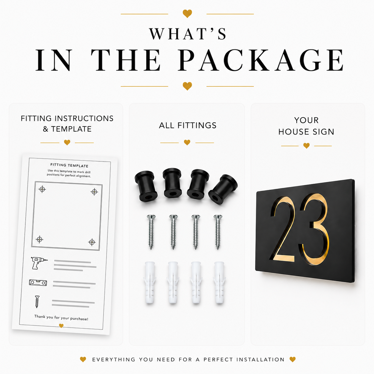 Package contents for a house sign set, including a fitting instructions and template sheet, all mounting hardware, and a black house sign displaying the gold number 23. The image is arranged on a clean white background with decorative gold accents and text reading 'WHAT'S IN THE PACKAGE'.