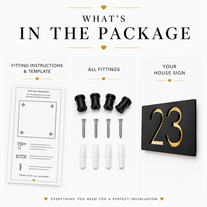 Package contents for a house sign set, including a fitting instructions and template sheet, all mounting hardware, and a black house sign displaying the gold number 23. The image is arranged on a clean white background with decorative gold accents and text reading 'WHAT'S IN THE PACKAGE'.