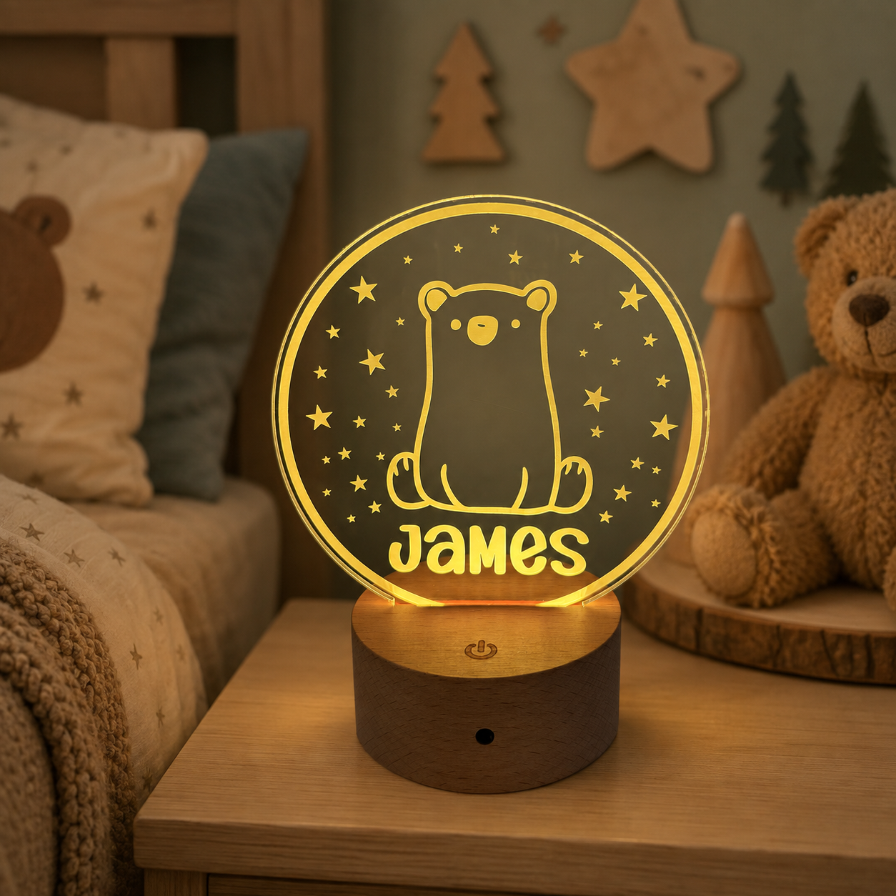 A personalized 3D optical illusion night light shaped like a bear under a starry sky, glowing with warm yellow light on a wooden base in a cozy bedroom setting.
